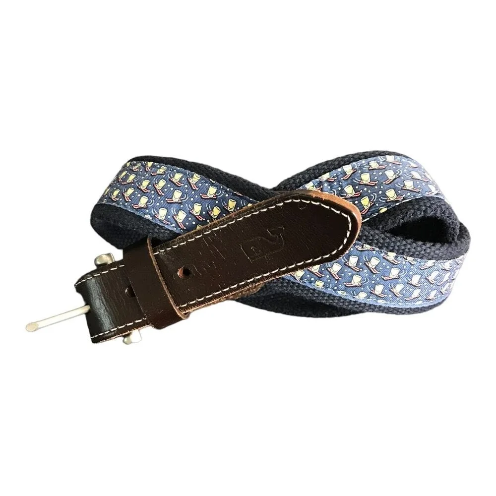 Vineyard‎ Vines Belt Mens 32 Navy Cocktail Sled Silk Canvas Club Leather Trim